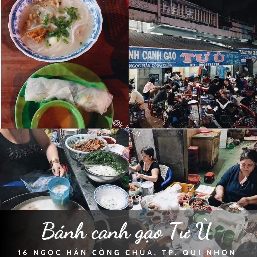 Có thể là hình ảnh về 3 người, cháo và văn bản cho biết 'NH CANH GẠO TƯ U NGỌC HÂN CԔNG CHÚA DĐ:0905772238 DĐ:090577 @k Bánh canh gạo Tư u-e 16 NGOC HÂN CÔNG CHÚA, TP. QUI NHƠN'