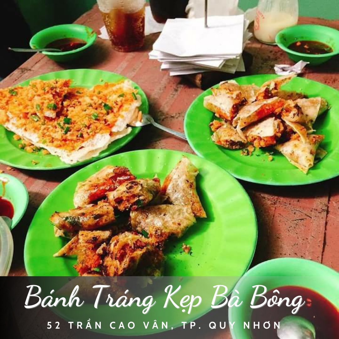 Có thể là hình ảnh về văn bản cho biết 'Bánh Tráng Kẹp Bà Bông 52 TRẦN CAO VÂN, QUY NHƠN'