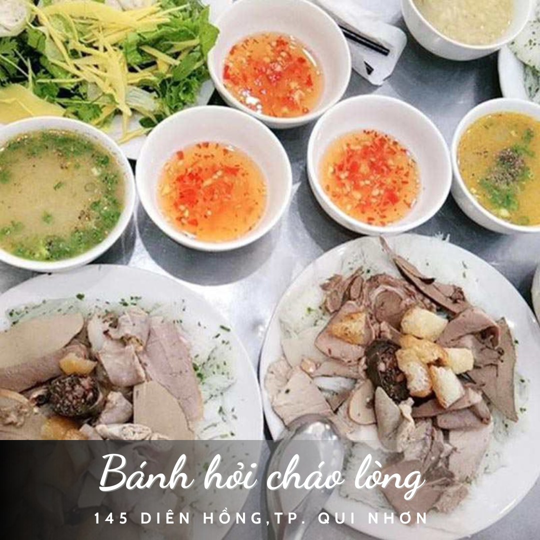 Có thể là hình ảnh về mỳ và văn bản cho biết 'Bánh hỏi cháo lòng 145 DIÊN HỒ»NG,TP QUI NHƠN'