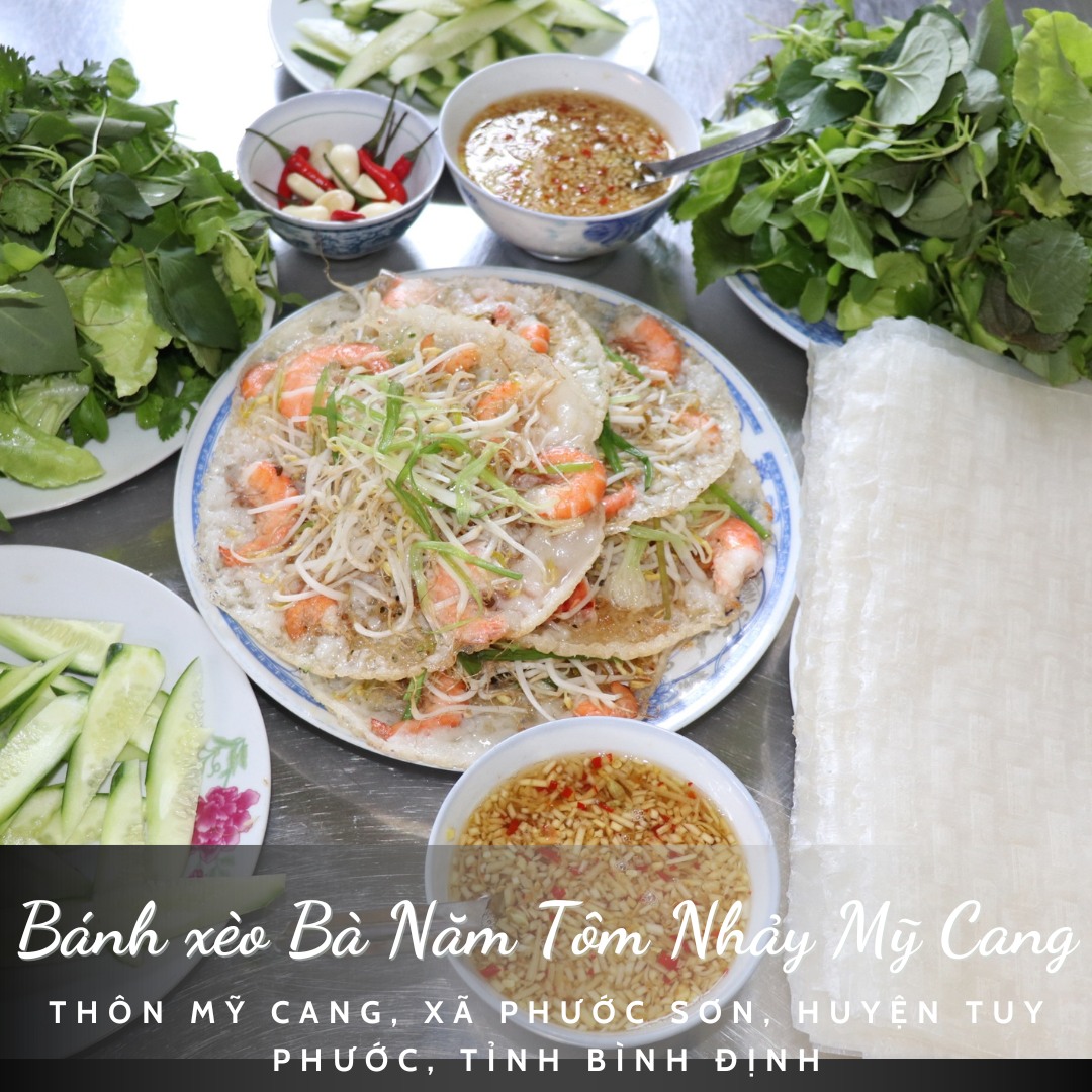Có thể là hình ảnh về mỳ và văn bản cho biết 'Bánh xèo Bà Năm Tôm Nhày Mỹ Cang THÔN MỸ CANG, XÃ PHƯỚC SƠN, HUYÊN TUY PHƯỚC, TỈNH BÌNH ĐỊNH'