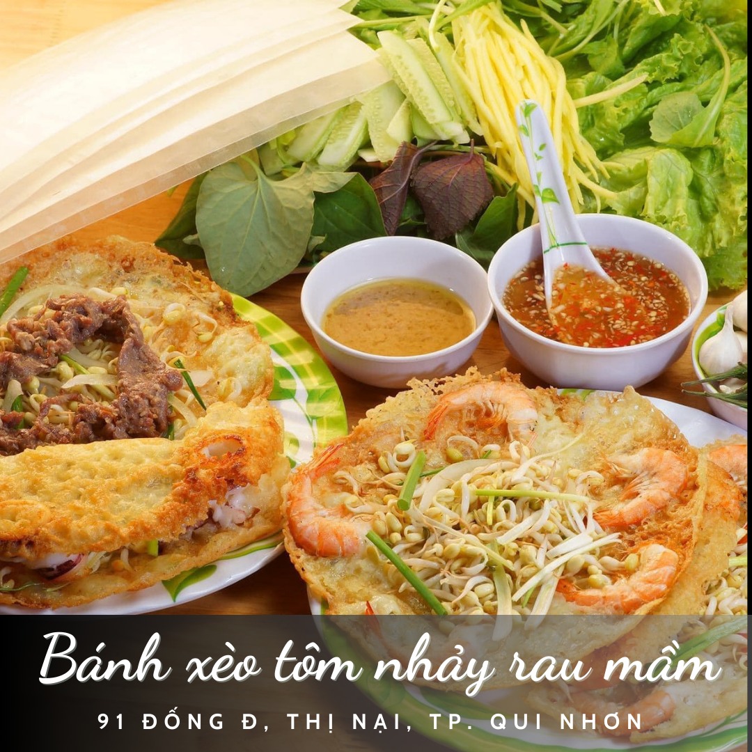 Có thể là hình ảnh về mỳ và văn bản cho biết 'Bánh xèo tôm nhày rau mầm 91 ĐỐNG Đ, THỊ NẠI, TP. QUI NHƠN'