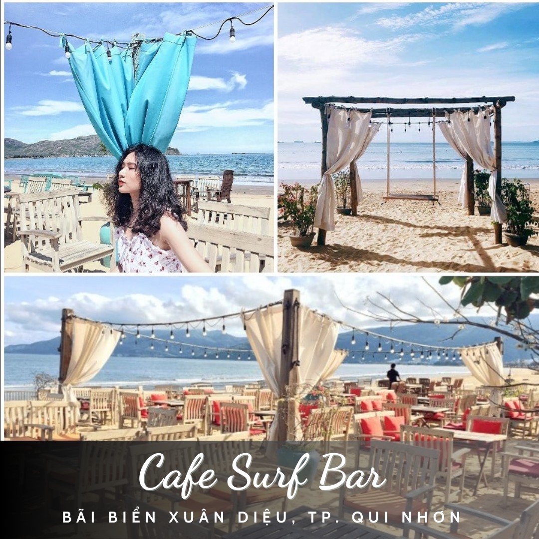 Có thể là hình ảnh về 2 người, bãi biển và văn bản cho biết 'αα Cafe Surf Bar BÃI BIỂN XUÂN DIỆU, TP. QUI NHƠN'